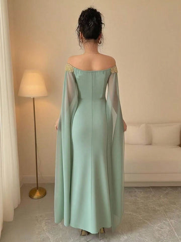 Versatile Gold Floral Trim Off-Shoulder Sheer Wrap Fitted Waist Maxi Mermaid Dress