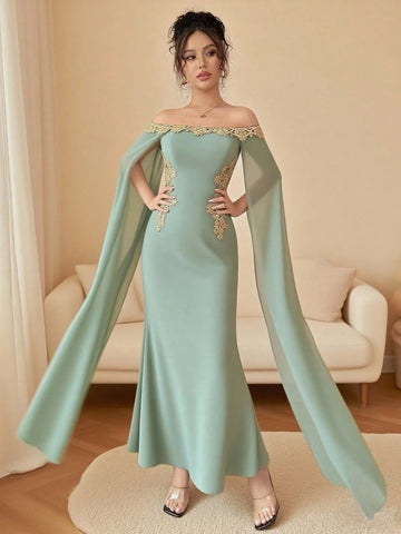 Versatile Gold Floral Trim Off-Shoulder Sheer Wrap Fitted Waist Maxi Mermaid Dress