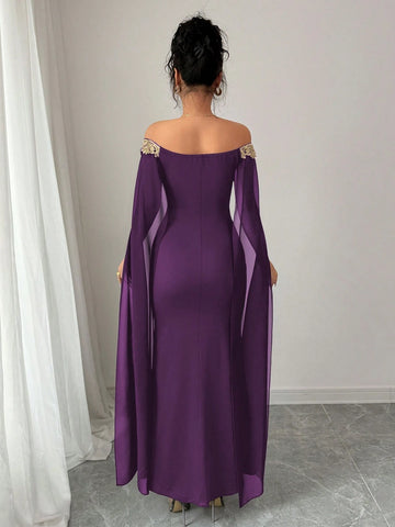 Versatile Gold Floral Trim Off-Shoulder Sheer Wrap Fitted Waist Maxi Mermaid Dress