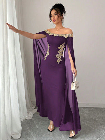 Versatile Gold Floral Trim Off-Shoulder Sheer Wrap Fitted Waist Maxi Mermaid Dress