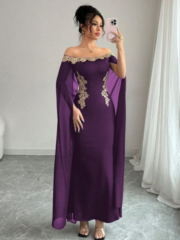 Versatile Gold Floral Trim Off-Shoulder Sheer Wrap Fitted Waist Maxi Mermaid Dress