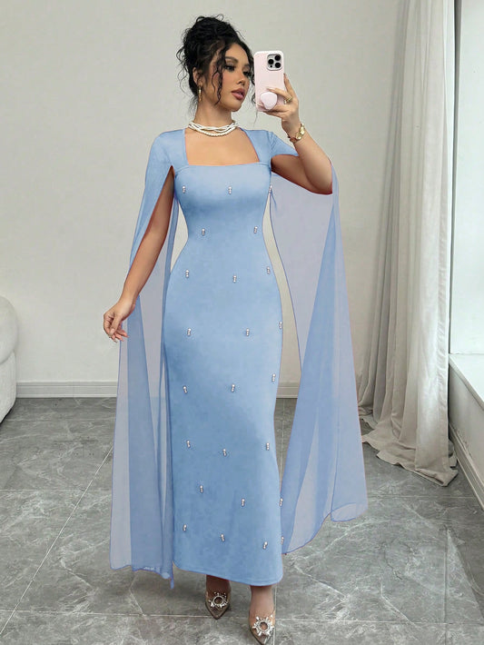 Banquet Fitted Rhinestone Luxurious Shawl Collar Chiffon See-Through Stretch Knit Dress