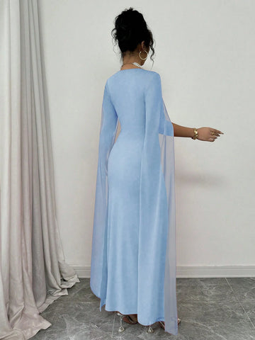 Banquet Fitted Rhinestone Luxurious Shawl Collar Chiffon See-Through Stretch Knit Dress