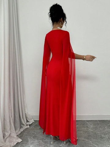 Banquet Fitted Rhinestone Luxurious Shawl Collar Chiffon See-Through Stretch Knit Dress