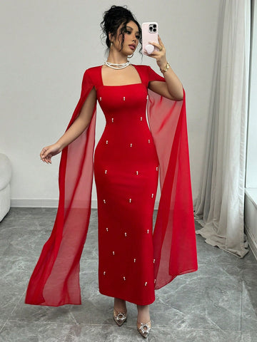 Banquet Fitted Rhinestone Luxurious Shawl Collar Chiffon See-Through Stretch Knit Dress