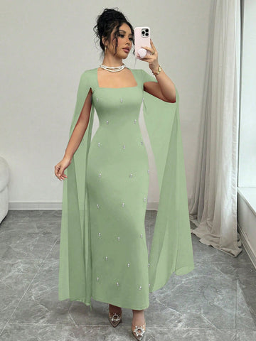 Banquet Fitted Rhinestone Luxurious Shawl Collar Chiffon See-Through Stretch Knit Dress