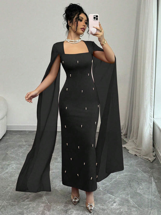 Banquet Fitted Rhinestone Luxurious Shawl Collar Chiffon See-Through Stretch Knit Dress