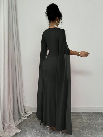 Banquet Fitted Rhinestone Luxurious Shawl Collar Chiffon See-Through Stretch Knit Dress