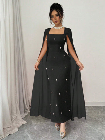Banquet Fitted Rhinestone Luxurious Shawl Collar Chiffon See-Through Stretch Knit Dress