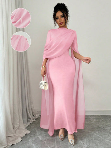 Elegant Personalized Party Banquet Gathering Gathered Tight Oblique Shoulder Pleated Sheer Flowy Maxi Sleeve Split Evening Dress