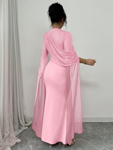 Elegant Personalized Party Banquet Gathering Gathered Tight Oblique Shoulder Pleated Sheer Flowy Maxi Sleeve Split Evening Dress