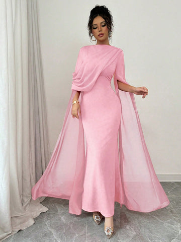 Elegant Personalized Party Banquet Gathering Gathered Tight Oblique Shoulder Pleated Sheer Flowy Maxi Sleeve Split Evening Dress