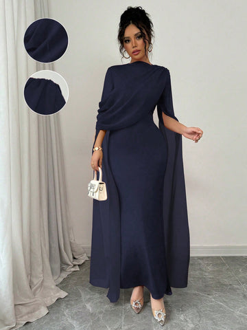 Elegant Personalized Party Banquet Gathering Gathered Tight Oblique Shoulder Pleated Sheer Flowy Maxi Sleeve Split Evening Dress