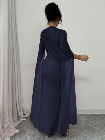 Elegant Personalized Party Banquet Gathering Gathered Tight Oblique Shoulder Pleated Sheer Flowy Maxi Sleeve Split Evening Dress