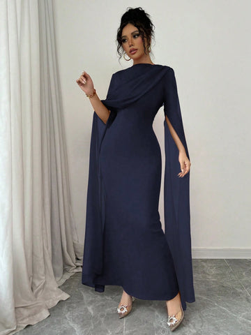 Elegant Personalized Party Banquet Gathering Gathered Tight Oblique Shoulder Pleated Sheer Flowy Maxi Sleeve Split Evening Dress
