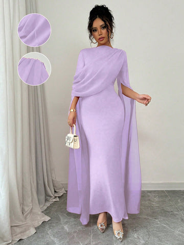 Elegant Personalized Party Banquet Gathering Gathered Tight Oblique Shoulder Pleated Sheer Flowy Maxi Sleeve Split Evening Dress
