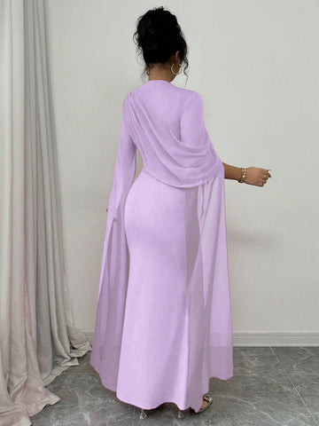Elegant Personalized Party Banquet Gathering Gathered Tight Oblique Shoulder Pleated Sheer Flowy Maxi Sleeve Split Evening Dress