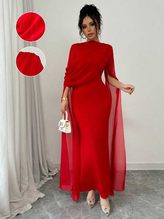 Elegant Personalized Party Banquet Gathering Gathered Tight Oblique Shoulder Pleated Sheer Flowy Maxi Sleeve Split Evening Dress