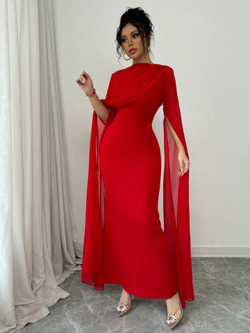 Elegant Personalized Party Banquet Gathering Gathered Tight Oblique Shoulder Pleated Sheer Flowy Maxi Sleeve Split Evening Dress