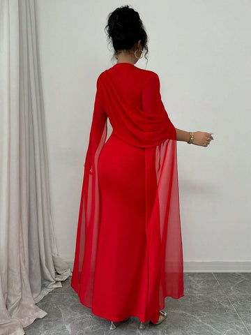 Elegant Personalized Party Banquet Gathering Gathered Tight Oblique Shoulder Pleated Sheer Flowy Maxi Sleeve Split Evening Dress