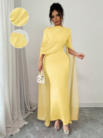 Elegant Personalized Party Banquet Gathering Gathered Tight Oblique Shoulder Pleated Sheer Flowy Maxi Sleeve Split Evening Dress