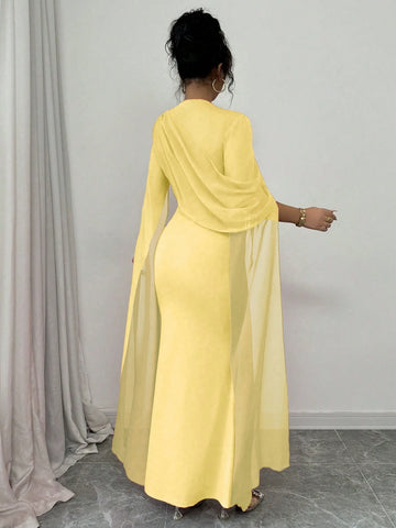 Elegant Personalized Party Banquet Gathering Gathered Tight Oblique Shoulder Pleated Sheer Flowy Maxi Sleeve Split Evening Dress