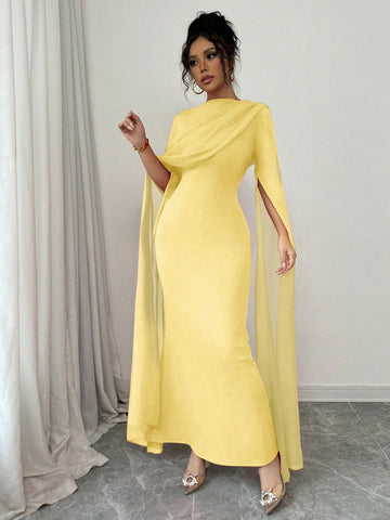 Elegant Personalized Party Banquet Gathering Gathered Tight Oblique Shoulder Pleated Sheer Flowy Maxi Sleeve Split Evening Dress