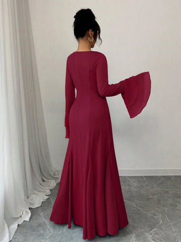 Rafferiza Square Neck Double-Layer Ruffle Cuff Maxi Swing Dress