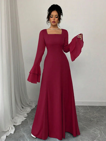 Rafferiza Square Neck Double-Layer Ruffle Cuff Maxi Swing Dress