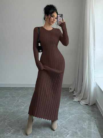 Women Solid Color Ribbed Long Sweater Dress