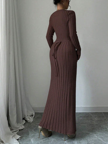 Women Solid Color Ribbed Long Sweater Dress