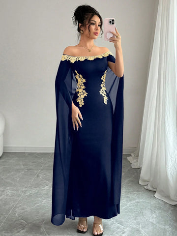 Versatile Gold Floral Trim Off-Shoulder Sheer Wrap Fitted Waist Maxi Mermaid Dress