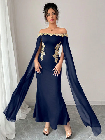 Versatile Gold Floral Trim Off-Shoulder Sheer Wrap Fitted Waist Maxi Mermaid Dress