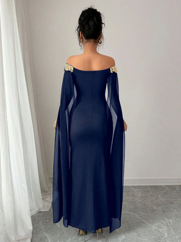Versatile Gold Floral Trim Off-Shoulder Sheer Wrap Fitted Waist Maxi Mermaid Dress