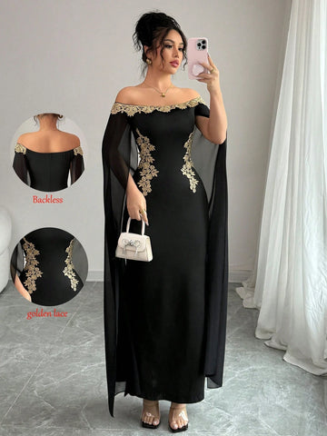 Versatile Gold Floral Trim Off-Shoulder Sheer Wrap Fitted Waist Maxi Mermaid Dress