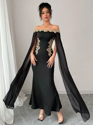 Versatile Gold Floral Trim Off-Shoulder Sheer Wrap Fitted Waist Maxi Mermaid Dress