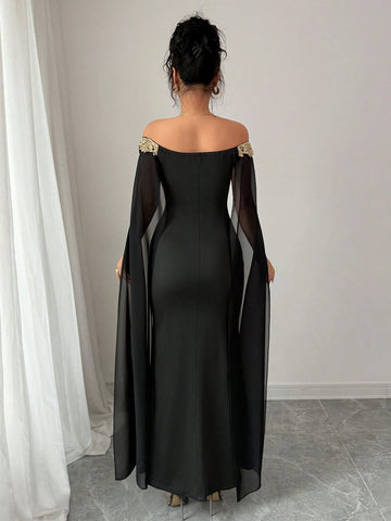 Versatile Gold Floral Trim Off-Shoulder Sheer Wrap Fitted Waist Maxi Mermaid Dress