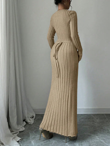 Women Solid Color Ribbed Long Sweater Dress