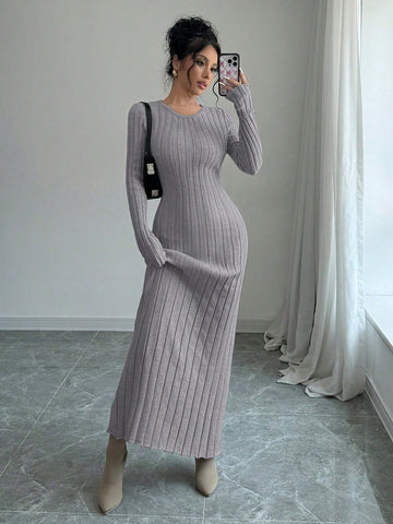 Women Solid Color Ribbed Long Sweater Dress