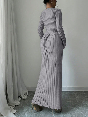 Women Solid Color Ribbed Long Sweater Dress