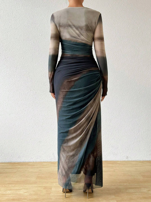 Tie-Dye Ruched Slim Long Dress