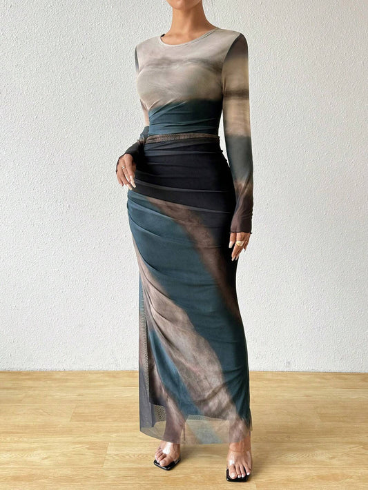 Tie-Dye Ruched Slim Long Dress