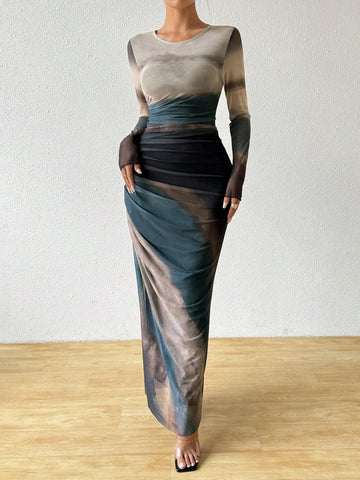 Tie-Dye Ruched Slim Long Dress