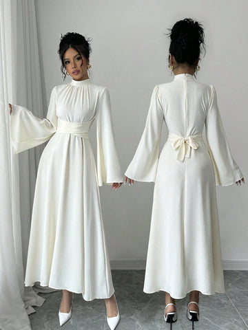Women's Plain Collar Long Sleeve Simple Casual Long Dress