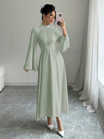 Women's Plain Collar Long Sleeve Simple Casual Long Dress