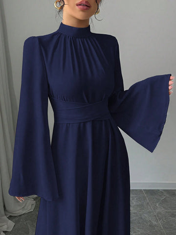 Women's Plain Collar Long Sleeve Simple Casual Long Dress