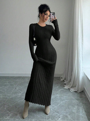 Women Solid Color Ribbed Long Sweater Dress