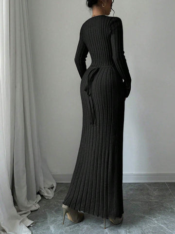 Women Solid Color Ribbed Long Sweater Dress