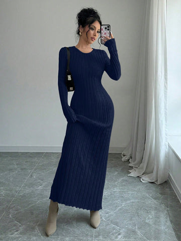 Women Solid Color Ribbed Long Sweater Dress