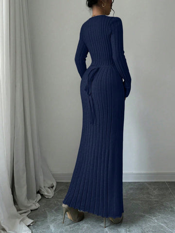 Women Solid Color Ribbed Long Sweater Dress